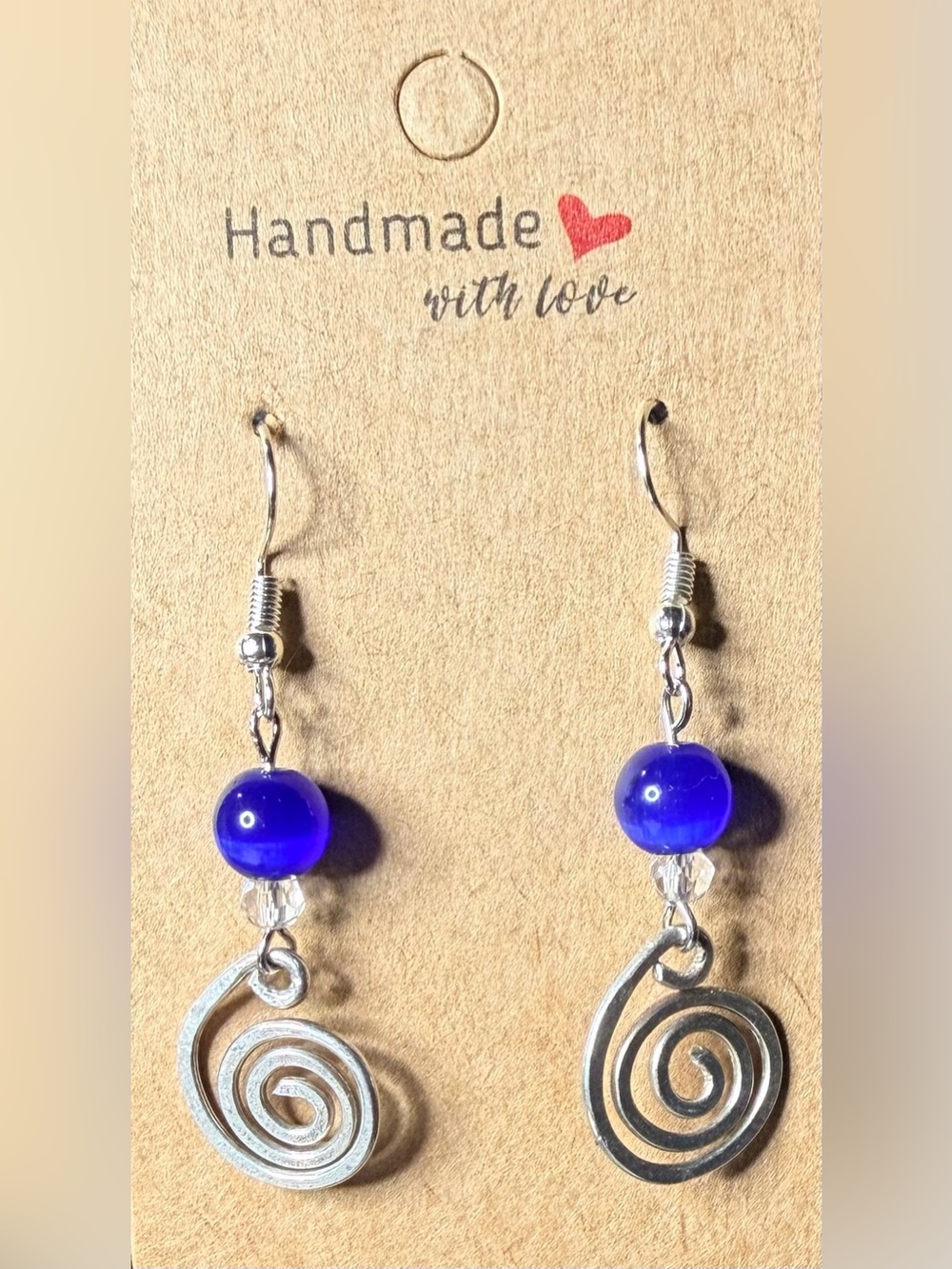 Handmade Silver Spiral Earrings with Deep Blue Beads
